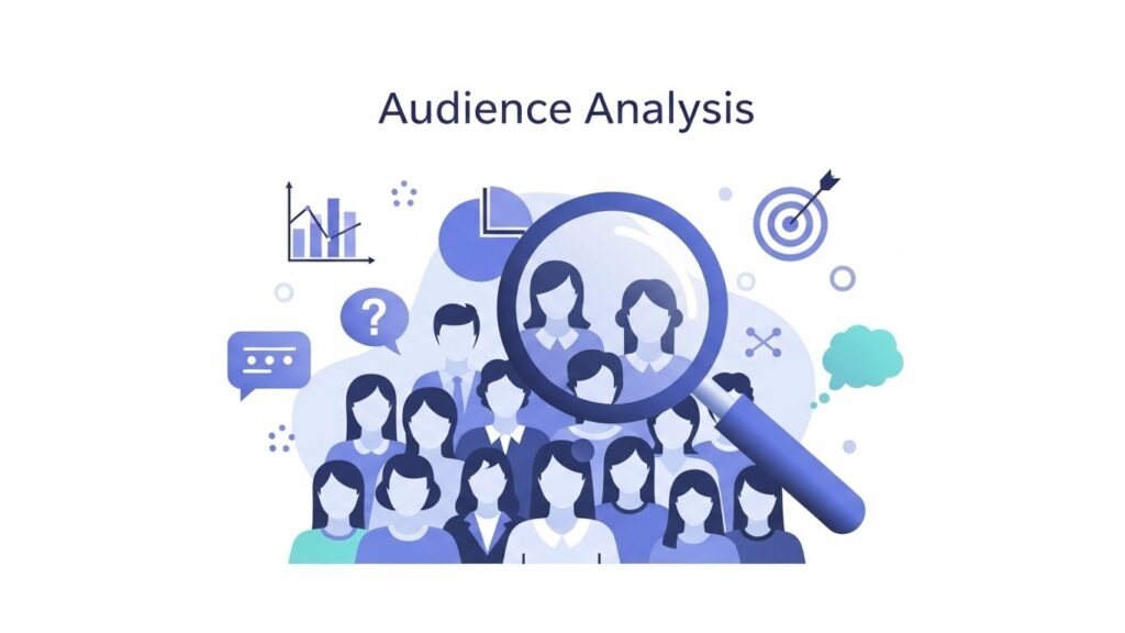 Graphic representing audience analysis with a magnifier focusing on cartoon people, accompanied by a bar chart, target with arrow, thought bubble, and question mark in blue tones.