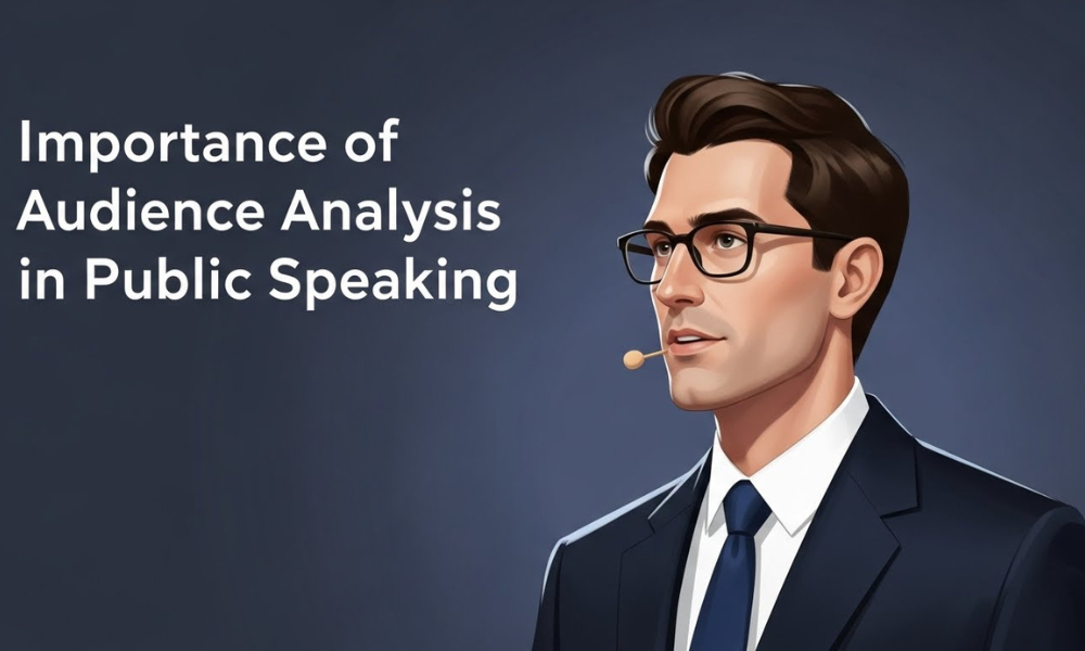 Stylized portrait of a man in a suit and glasses with a microphone, paired with text highlighting the importance of audience analysis in public speaking_ principle.