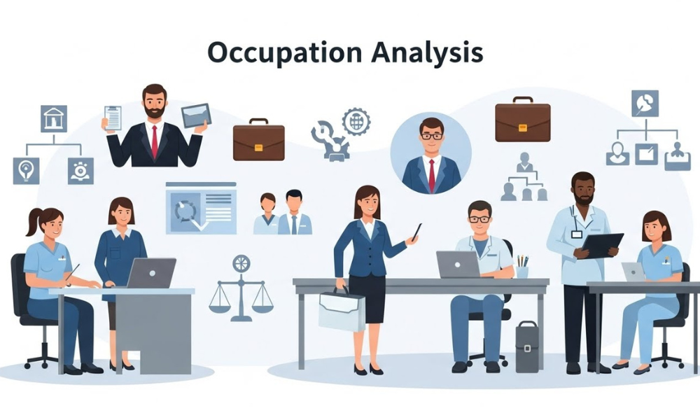 Occupation Analysis scene showing diverse workers in business and medical uniforms interacting with desks, briefcases, and analytical icons for Occupation Analysis purposes