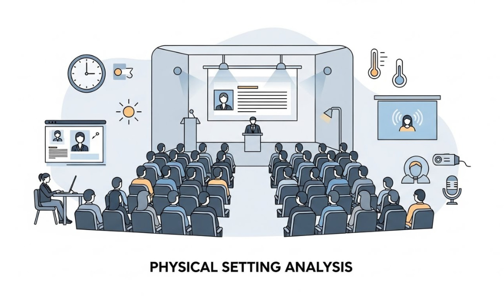 Physical Setting Analysis image featuring a conference room with speaker, large display screen, audience in chairs, environmental icons like sun, clock, thermometer, and microphone nearby.