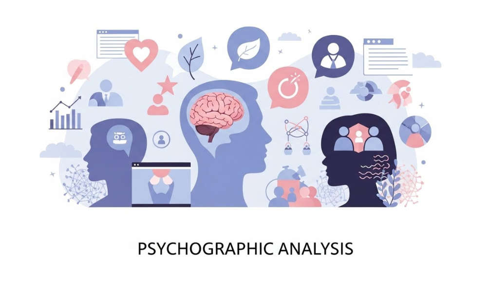 Psychographic Analysis depiction of three human heads in blue and black silhouettes with internal visuals of a brain, a digital brain, and interconnected people, accompanied by marketing symbols such as leaves, hearts, and data graphs