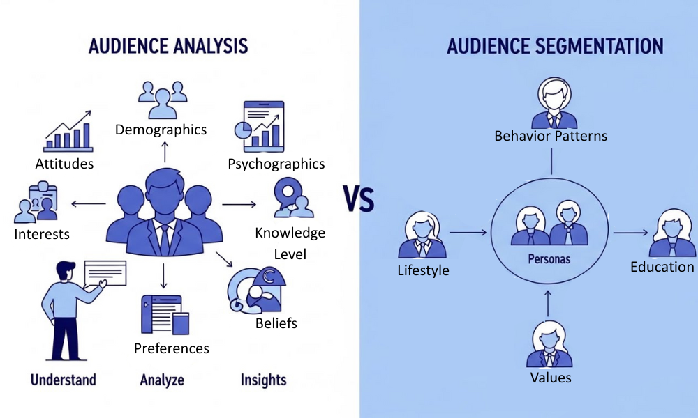 Visual explaining _audience analysis_ (demographics, psychographics, preferences) versus _audience segmentation_ (personas, behavior patterns, values) in two side‑by‑side panels.