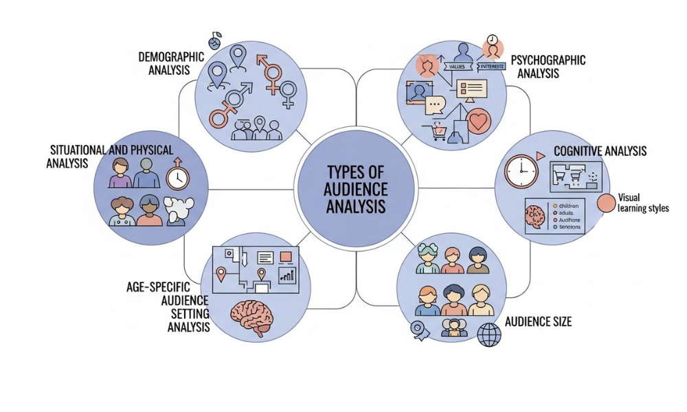 Graphic explaining 'why audience analysis important' with a man viewing computer screens of analytics, linked to icons representing message relevance, tone, engagement, persuasiveness, and efficient resource allocation.