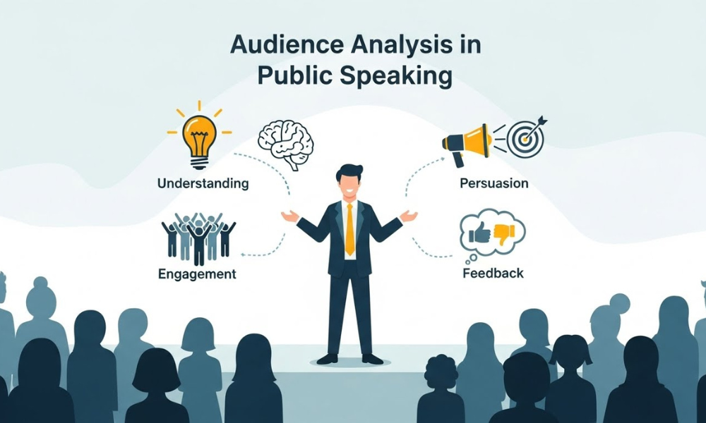 Illustration of audience analysis in public speaking showing a speaker on stage with an audience and icons for understanding, engagement, persuasion, feedback.