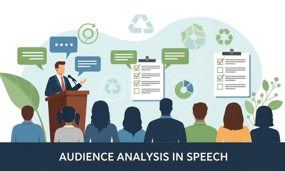 Graphic of a presenter speaking from a wooden podium to diverse audience members, surrounded by dialogue bubbles and data sheets for audience analysis in speech.