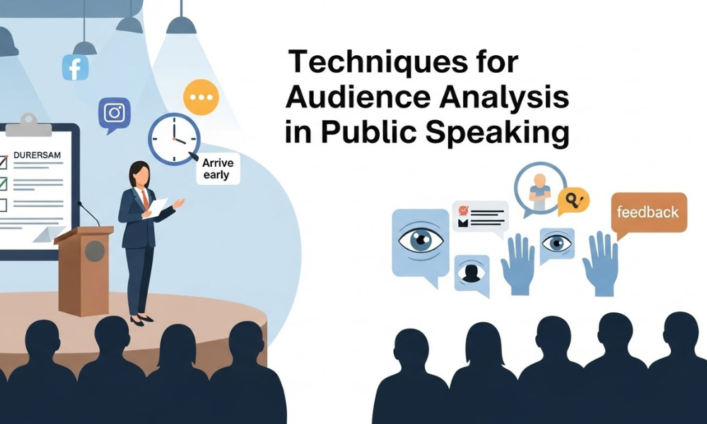 "Image showing a podium speaker addressing an audience, accompanied by a checklist, clock, and interaction icons that represent Techniques for Audience Analysis in Public Speaking."