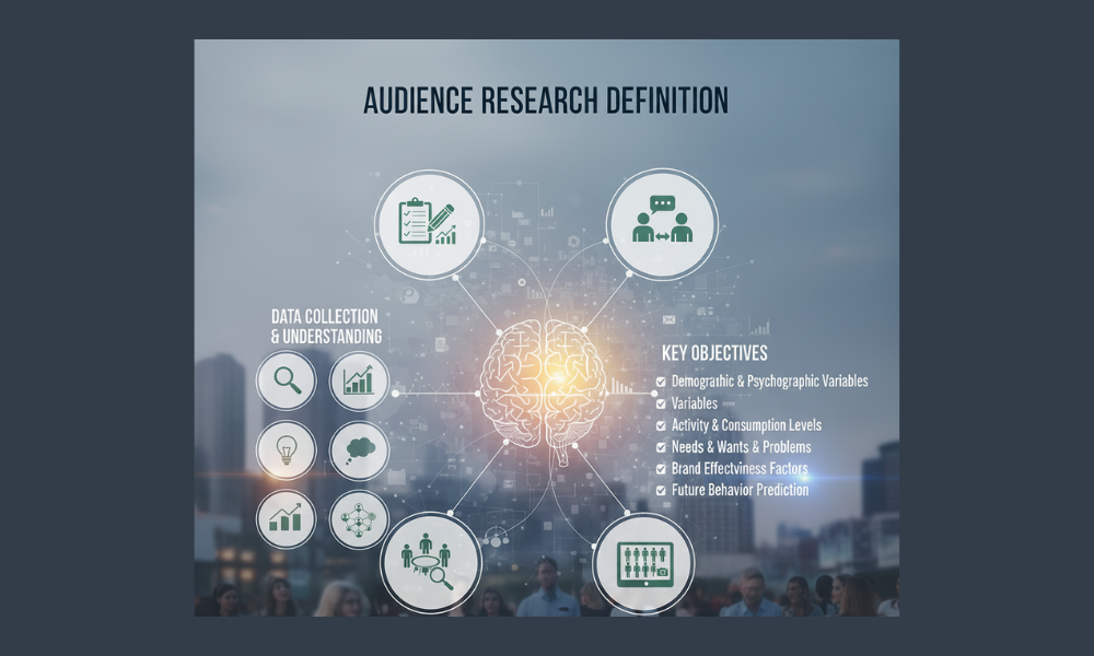 Graphic for audience research definition displaying a brain network that joins data collection steps with objectives like needs & wants analysis in audience research definition.