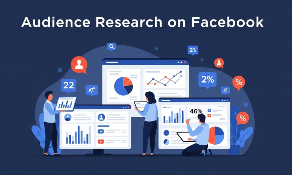 Image depicting audience research on Facebook with three figures interacting with oversized browser windows showing analytical charts, graphs, and data percentages.
