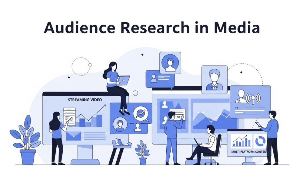 Scene of audience research in media featuring stylized figures studying streaming video analytics and multi platform content on monitors with graphs and profile icons.