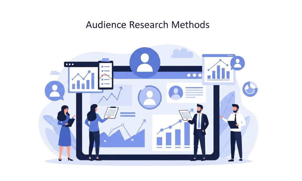 Graphic depicting audience research methods with business people studying bar charts and line graphs displayed on a large web interface surrounded by user profiles.