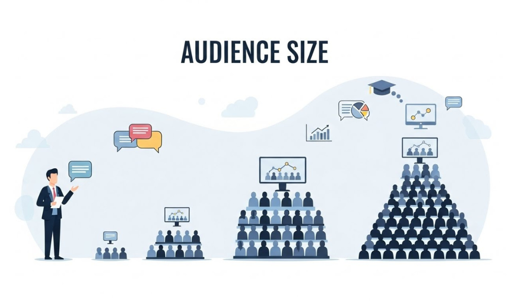 AUDIENCE SIZE scene shows a speaker with chat bubbles and three audience pyramids of increasing size topped by screens, graphs, and a graduation cap icon.