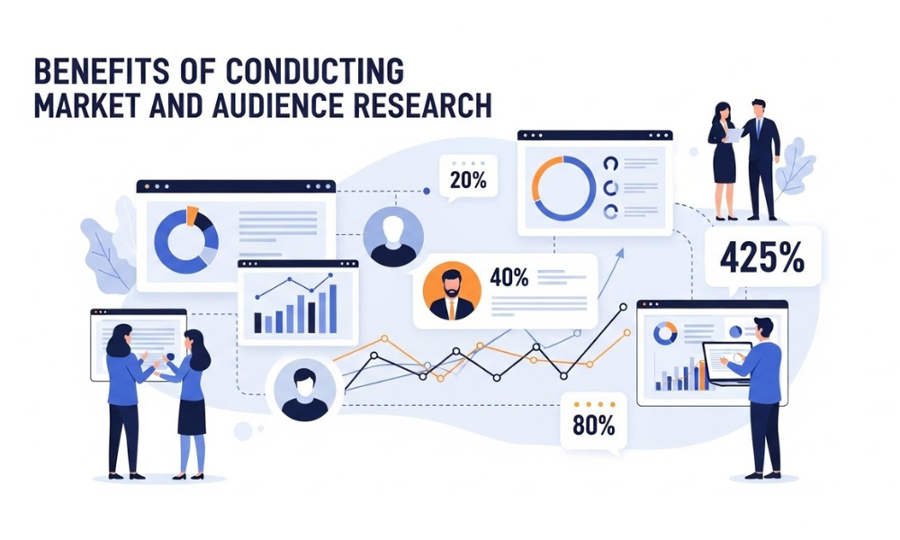 Graphic depicting the benefits of conducting audience research; includes pie charts, bar graphs, and line charts with people analyzing data for business decisions.