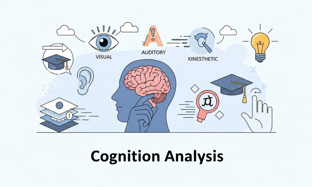 Cognition Analysis visual with a head profile showing brain, surrounded by visual eye, auditory ear with letter A, kinesthetic hand with bulb, and graduation symbols.