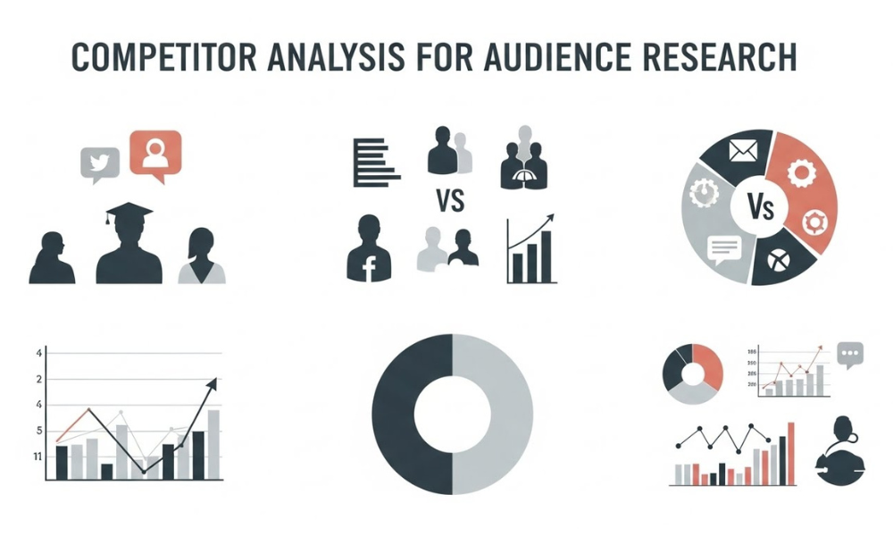Graphic depicting Competitor Analysis for Audience Research with audience profiles, a scholar icon, comparison symbols, and assorted business analytics charts such as bar, line, and pie diagrams.