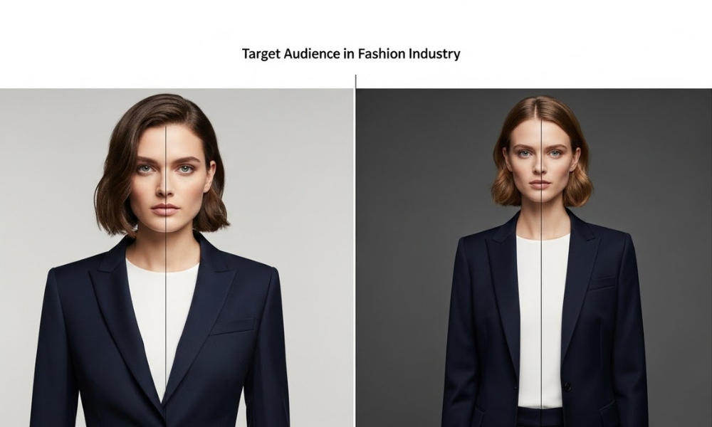  A comparative image showing two styled models wearing professional attire, divided by thin lines, representing the  Target Audience in Fashion Industry focus.