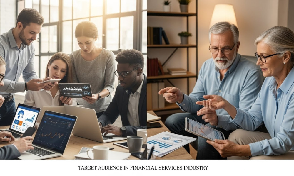 Office teamwork involving younger staff and senior managers examining financial reports on devices, illustrating the theme TARGET AUDIENCE IN FINANCIAL SERVICES INDUSTRY research.
