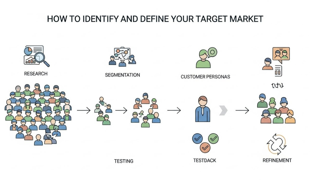 Step‑by‑step visual for How to Identify and Define Your Target Market showing research, segmentation, customer personas, testing, testback, and refinement processes illustrated with icons of people and arrows.