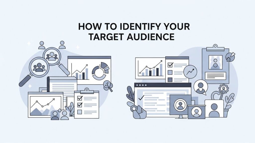 Visual guide on 'how to identify your target audience' with magnifiers over user icons, graphs, reports, and clipboards for audience research.