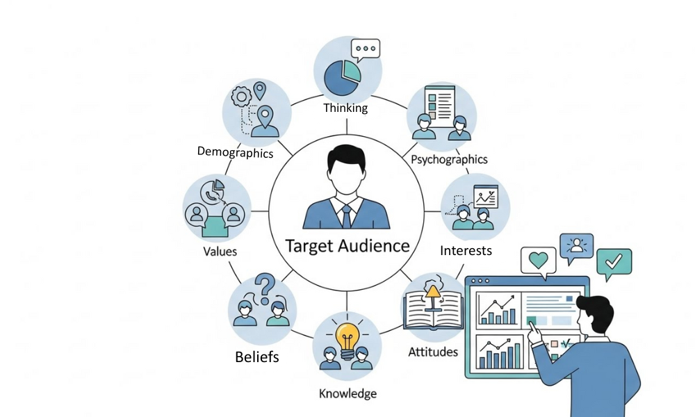 Diagram showing a central figure labeled “identifying target audience” surrounded by six segments—thinking, psychographics, interests, attitudes, knowledge, beliefs, values, demographics.