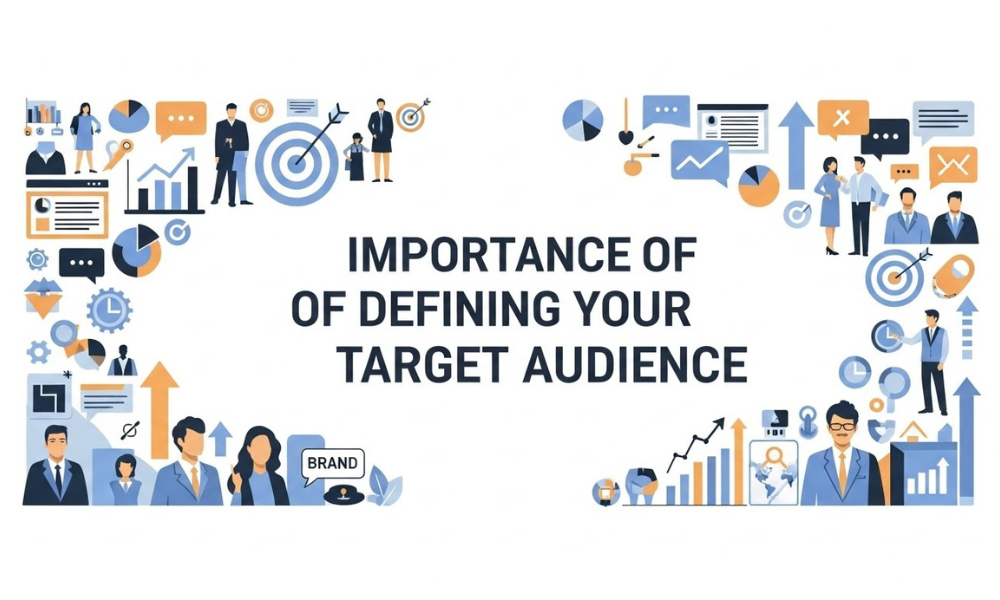 Graphic showing the importance of defining your target audience through marketing icons, professionals, pie charts, and a bullseye representing audience focus.