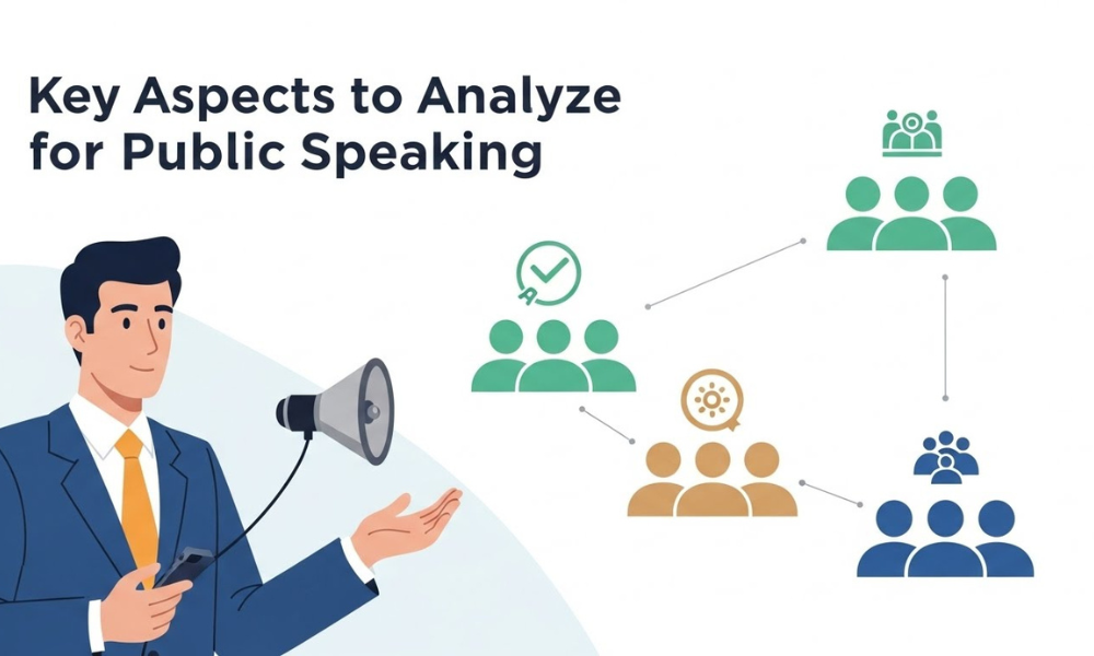 Illustration of a man in a suit with a megaphone presenting the _key aspects to analyze for public speaking_: audience icons with checkmark and target symbols.”