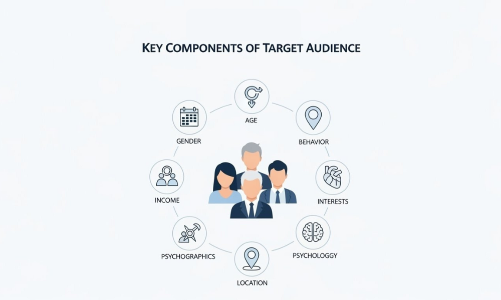 Graphic displaying the _key components of a target audience_—age, gender, behavior, interests, psychology, location, psychographics, and income—arranged around an illustration of three people.
