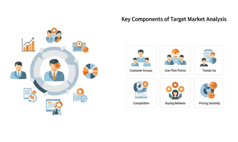 Graphic explaining Key Components of Target Market Analysis with a central avatar and surrounding business icons plus six labeled analysis sections.