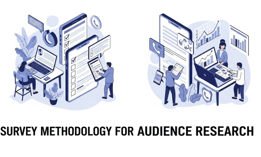 Depiction of a person at a desk with a laptop and another writing on a giant phone screen, illustrating Survey Methodology for Audience Research principles in flat design.