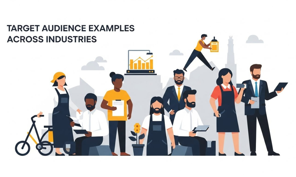 The image presents TARGET AUDIENCE EXAMPLES ACROSS INDUSTRIES with an illustrated group of diverse professionals representing different occupations and industries