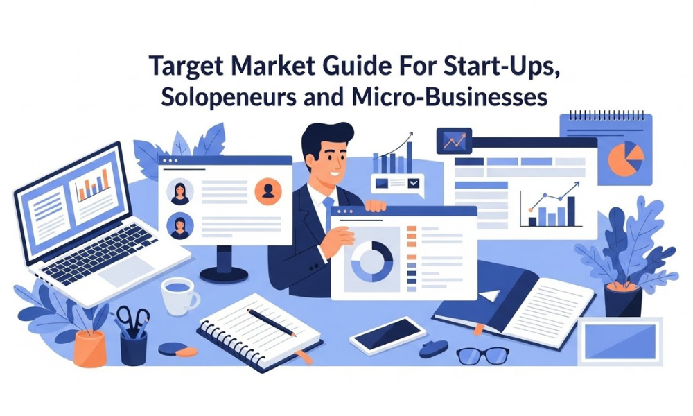 Graphic of a professional holding an info board with analytics, accompanied by laptop, graphs, and office items; depicts a _target guide for startups, solopreneurs, micro-businesses.