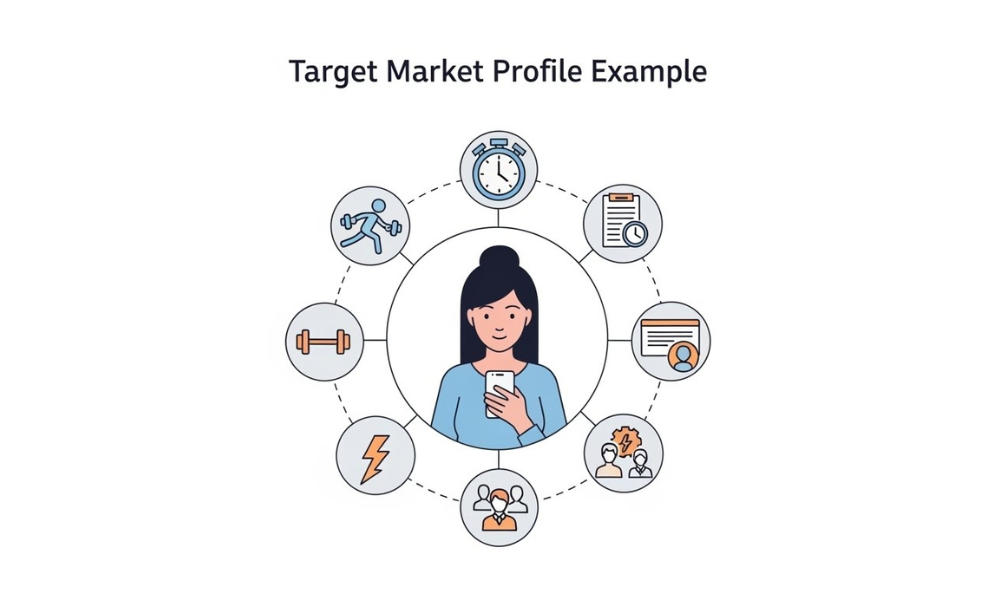A graphic illustration of a woman at the center of a Target Market Profile Example infographic with six surrounding icons depicting fitness, schedules, documents, and audience segments for market analysis profiling purposes in about.

