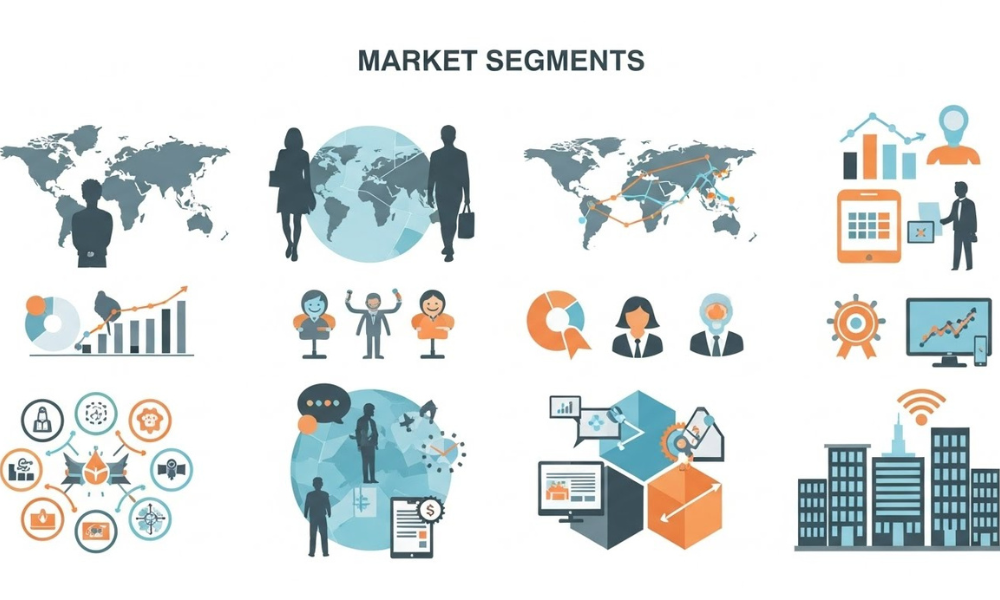 Graphic of Market Segments planning with maps, professional figures, bar and pie charts, process cycles, and building icons symbolizing market division and targeting.