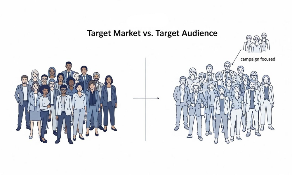 Graphic of "target market vs target audience" displaying a broad market group on the left and a refined audience subset on the right labeled campaign focused.