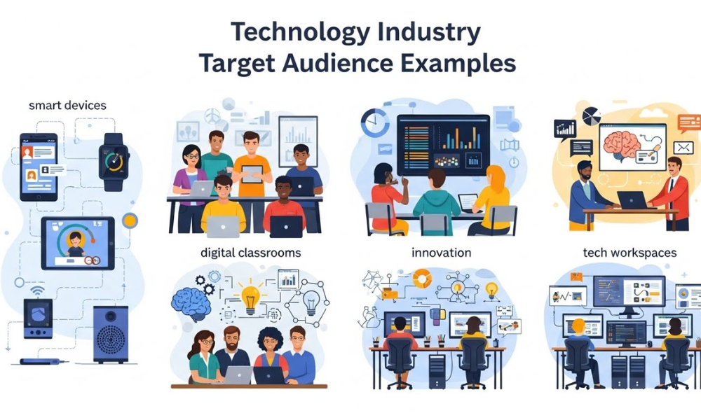 Scene illustrating Technology Industry Target Audience Examples with smart devices, digital classrooms of learners, innovation labs with visualizations, and tech workspaces focused on development and analysis.