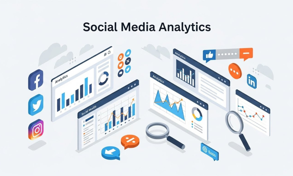 Scene of analytics screens displaying charts and social media brand icons (Facebook, Twitter, Instagram, LinkedIn) with magnifying tools, referencing the theme Social Media Analytics.