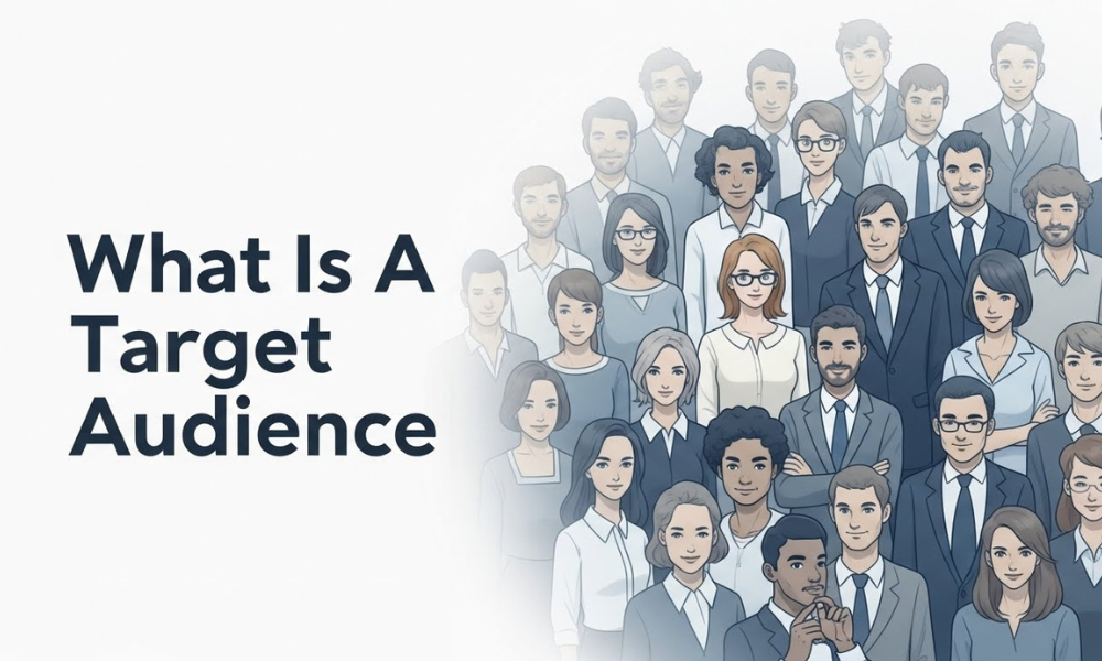 Image labeled 'what is a target audience' featuring a stylized assembly of corporate professionals in gray and blue outfits on the right of a plain white scene.