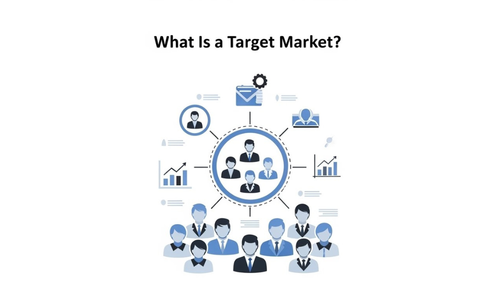 Visual explanation of ‘what is target market’ with a blue central circle containing three suited figures and surrounding graphics depicting target market data