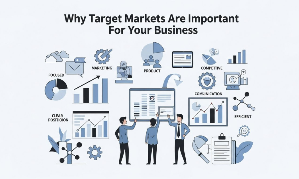 Graphic titled why target markets are important for your business, featuring business people, bar charts, pie charts, and icons for product, communication, and competitive analysis.