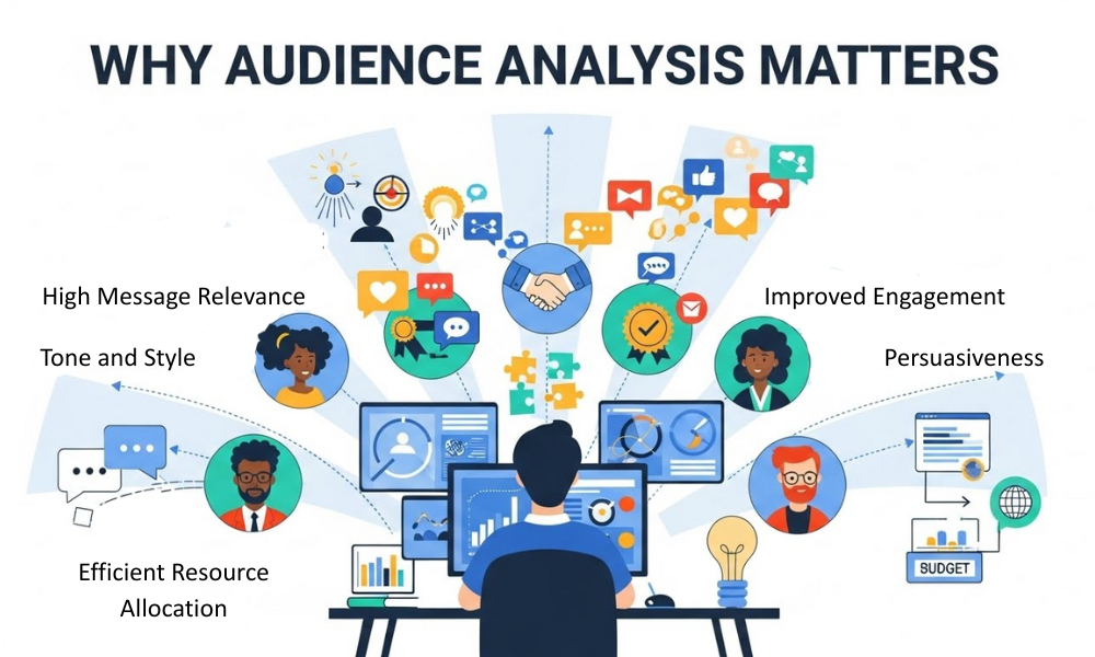 Graphic explaining 'why audience analysis important' with a man viewing computer screens of analytics, linked to icons representing message relevance, tone, engagement, persuasiveness, and efficient resource allocation.