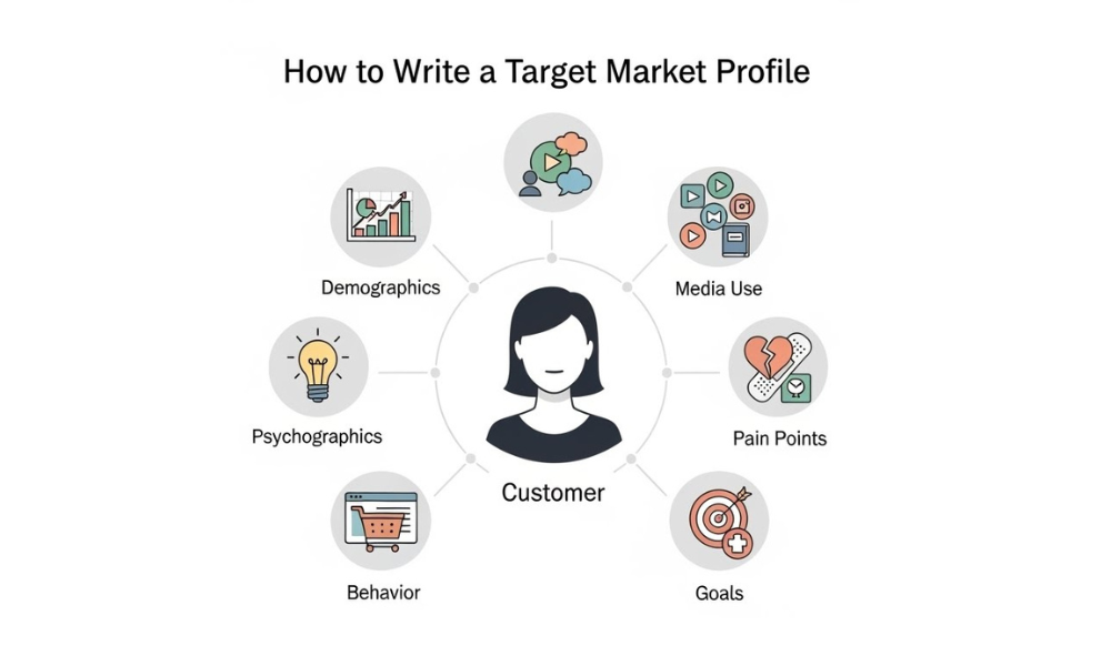 Diagram explaining How to Write a Target Market Profile with a central customer figure and six radiating segments: demographics, media use, pain points, goals, behavior, psychographics, each illustrated with icons.